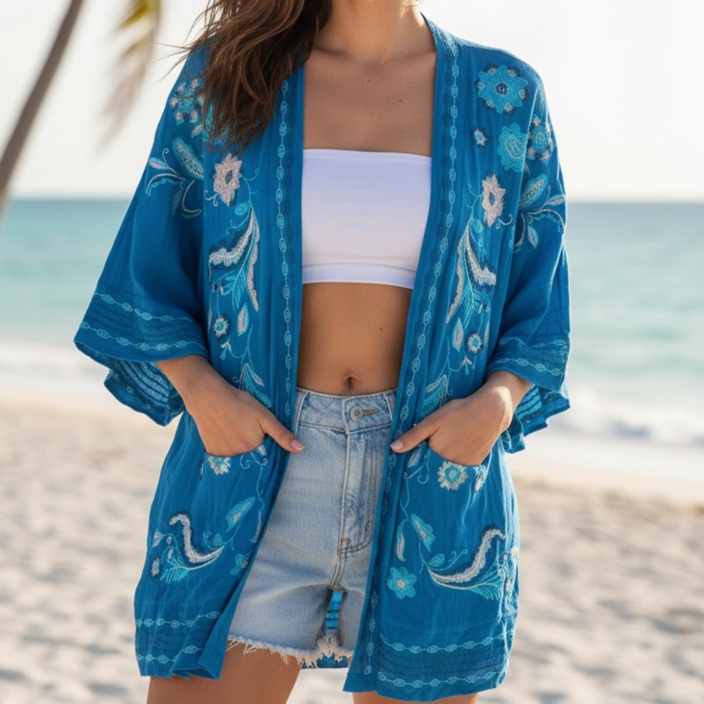CURATIONS Women’s Boho Turquoise Embroidered Kimono Cardigan